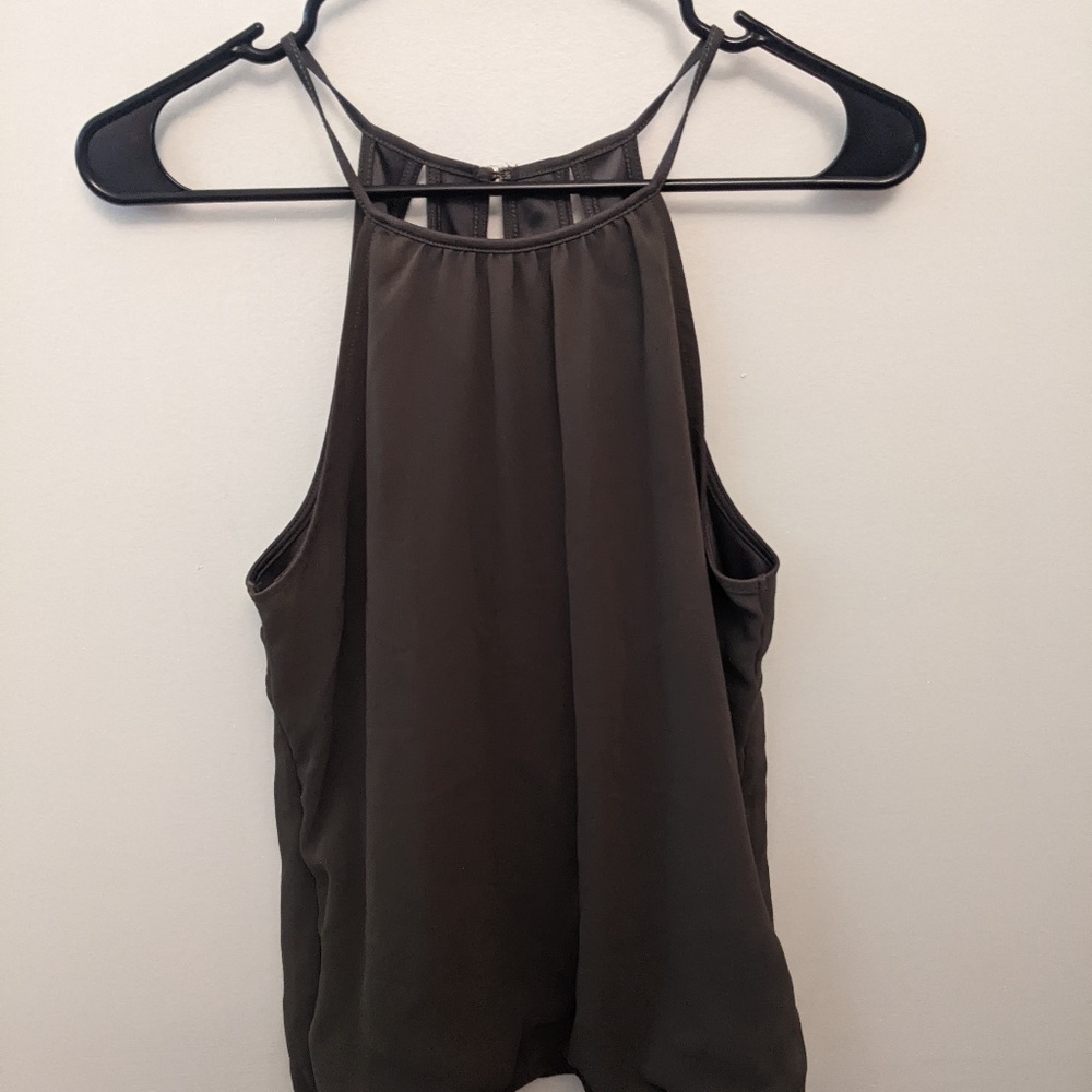 Express Olive Chiffon High Neck Top with Closure on the Back